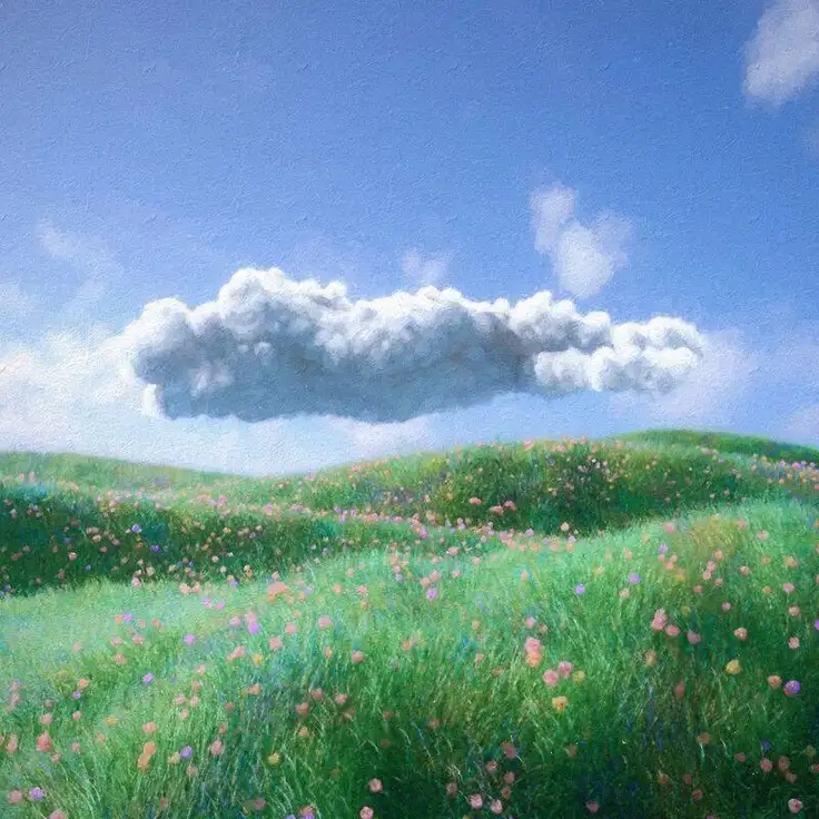 Dreamy flower meadow under a single floating cloud