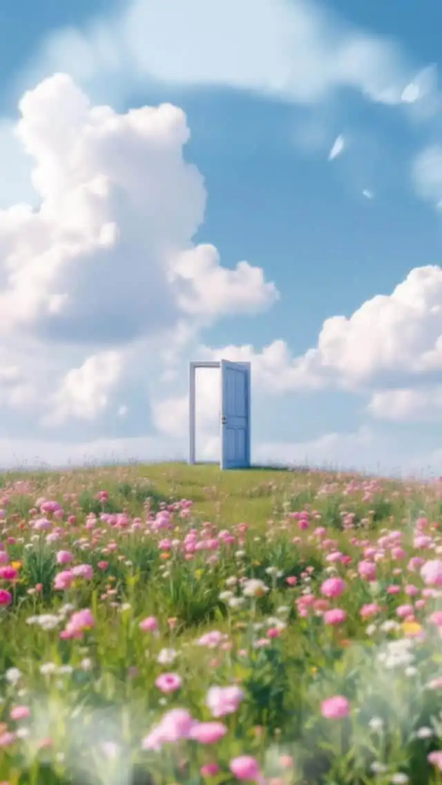 A doorway standing alone in a dreamy flower meadow