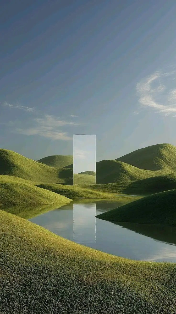 Mirror portal standing in green rolling hills reflected in still water