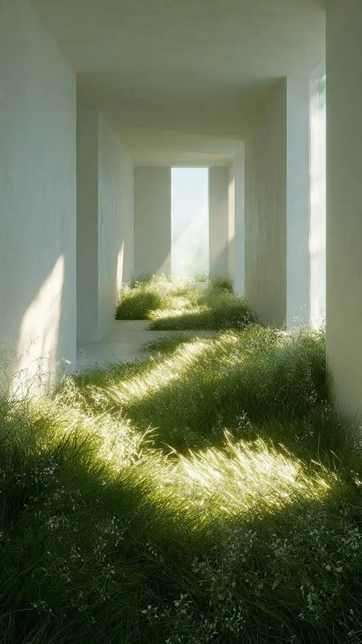 Sunlit white corridor with grass growing through the floor